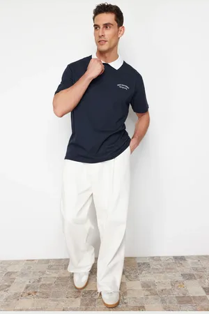Trendyol Navy Blue Oversize/Wide Cut Text Printed 100% Cotton Polo Neck T-shirt