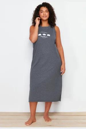 Trendyol Curve Anthracite Printed Midi Oversized Knitted Nightgown