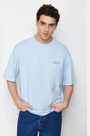 Trendyol Light Blue Oversize 100% Cotton Crew Neck Minimal Text Printed T-Shirt