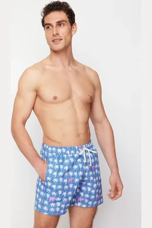 Trendyol Blue Standard Fit Palm Tree Patterned Swim Shorts