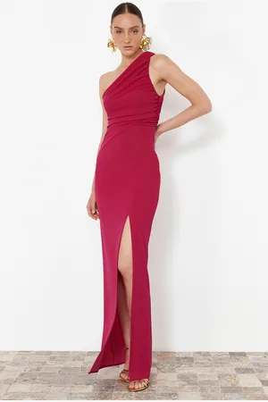 Trendyol Fuchsia Fitted Knitted Long Elegant Evening Dress