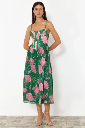 Trendyol Green-Multi-Colored A-Line Lined Corset Detailed Woven Tulle Elegant Evening Dress