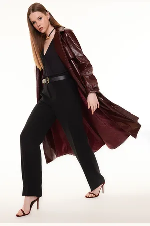 Trendyol Claret Red Oversize Wide Cut Patent Leather Trench Coat