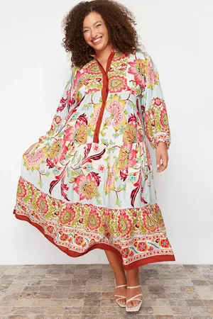 Trendyol Curve Blue Poplin Woven Floral Plus Size Dress