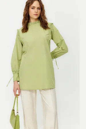 Trendyol Green Ruffled Shoulder and Cuff Woven Cotton Tunic