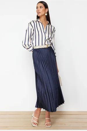 Trendyol Navy Blue Pleated Satin Fabric Maxi Length Woven Skirt