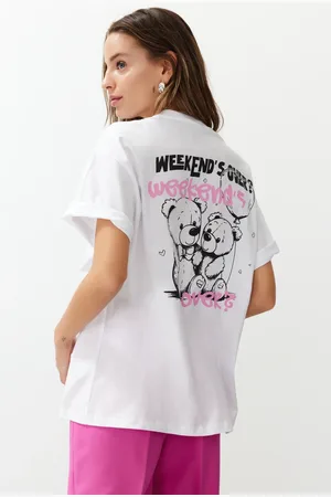 Trendyol White 100% Cotton Slogan Printed Oversize/Wide Fit Short Sleeve Knitted T-Shirt