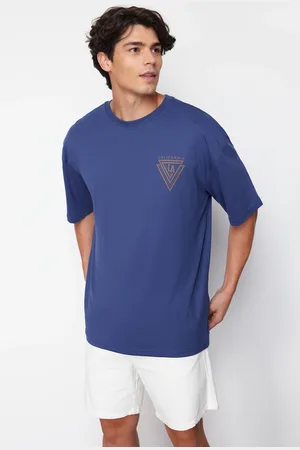 Trendyol Navy Blue Oversize/Wide Cut Crew Neck City Printed 100% Cotton T-Shirt