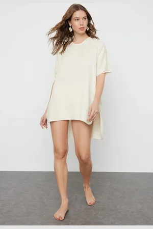 Trendyol Ecru Wide Fit Mini Woven Embroidery Muslin Beach Dress