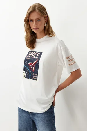 Trendyol Ecru 100% Cotton Space Printed Oversize/Wide Fit Knitted T-Shirt