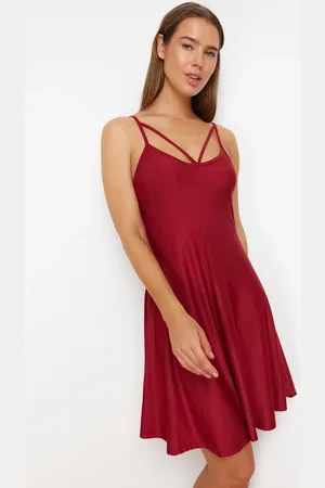 Trendyol Claret Red Chest Piping Detailed Rope Strap Viscose Knitted Nightgown
