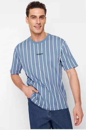 Trendyol Indigo Oversize/Wide Cut Striped 100% Cotton T-Shirt