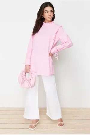 Trendyol Pink Woven Cotton Tunic With Ruffled Shoulder and Cuff