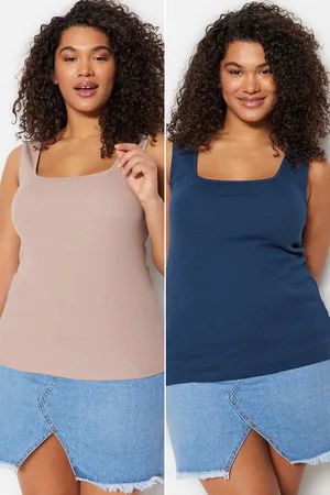 Trendyol Curve Mink-Indigo Basic Corduroy 2 Pack Square Neck Knitted Plus Size Undershirt