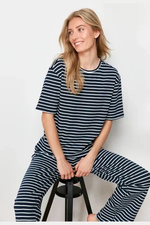 Trendyol Navy Blue-White Cotton Striped Ribbed Knitted Pajamas Set