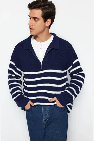 Trendyol Navy Blue Casual Oversize Fit Wide Pattern Polo Collar Striped Knitwear Sweater