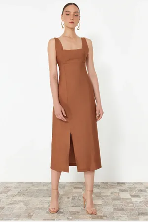 Trendyol Brown A-Line Square Neck Slit Strap Midi Woven Dress