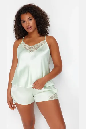 Trendyol Curve Mint Lace Detailed Satin Woven Pajama Set
