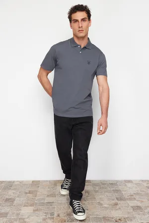 Trendyol Anthracite Regular Cut Deer Patterned Polo Neck T-shirt