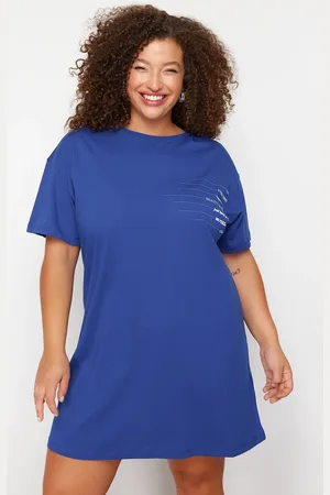 Trendyol Curve Blue Bike Collar slogan Printed 100% Cotton Knitted Plus Size T-shirt Dress