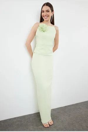Trendyol Light Green Rose Detailed Woven Long Elegant Evening Dress
