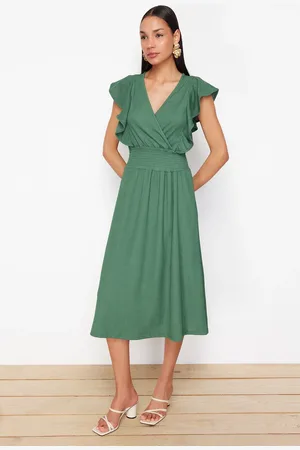 Trendyol Green Wrap/Textured Skater/Waisted Double Breasted Closure Flexible Knitted Midi Dress
