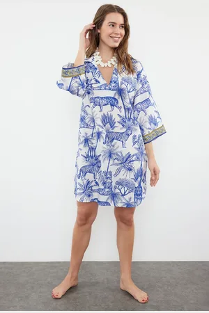 Trendyol Tropical Patterned Wide Fit Midi Woven 100% Cotton Beach Dress
