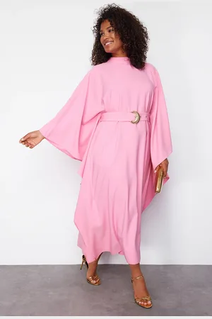 Trendyol Curve Pink Poncho Belted Long Chic Woven Plus Size Dress