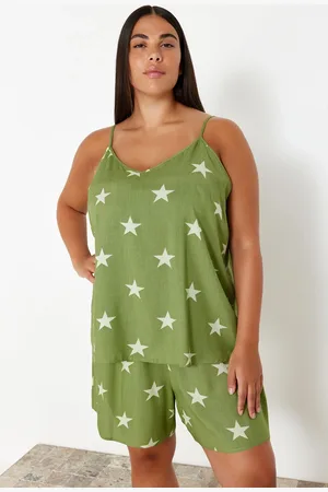 Trendyol Curve Mint Star Patterned V-Neck Woven Pajama Set