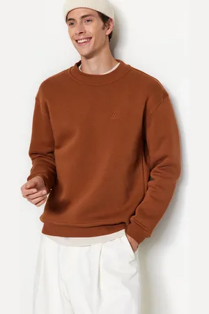 Trendyol Brown Oversize/Wide Cut Half Turtleneck Letter Embroidered Sweatshirt
