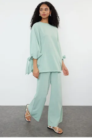 Trendyol Mint Bat Sleeve Woven Aerobin Tunic-Pants Set