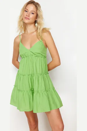 Trendyol Neon Green Mini Woven Ruffled 100% Cotton Beach Dress