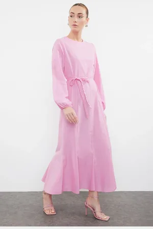 Trendyol Pink Knitted Belted Woven Cotton Dress
