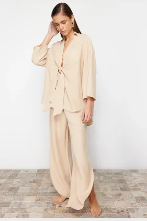 Trendyol Beige Woven Tied Linen blended Shirt Pants Set