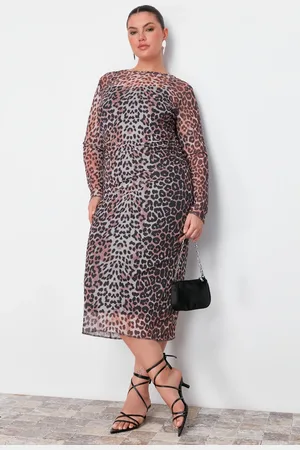Trendyol Curve Multicolored Leopard Patterned Tulle Midi Knitted Dress