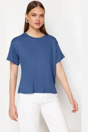 Trendyol Indigo Viscose Short Sleeve Crew Neck Knitted T-Shirt