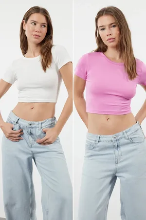 Trendyol Premium Pink-Ecru 2 Pack Crop Viscose/Soft Fabric Stretchy Knitted Blouse