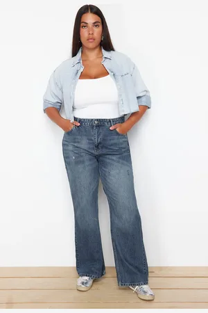 Trendyol Curve Blue Ripped High Waist Wide Leg Jeans