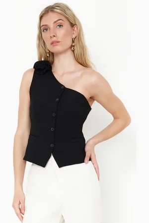 Trendyol Limited Edition Black Fitted One Shoulder Rose Detail Crop Woven Vest