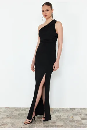 Trendyol Black Body-Sitting Single Sleeve Knitted Long Evening Gowns Dress