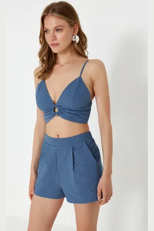 Trendyol Blue Woven Accessory Blouse Shorts Set