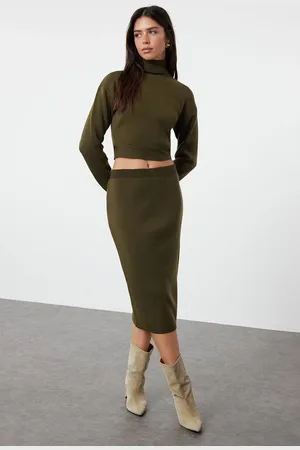Trendyol Khaki Midi Pencil Knitwear Skirt