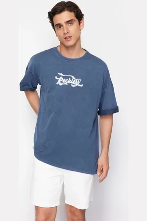 Trendyol Indigo Oversize/Wide Cut Vintage Faded Effect 100% Cotton T-Shirt