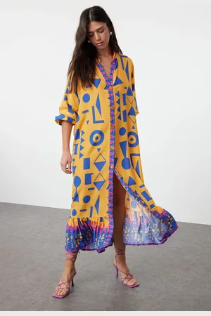 Trendyol Orange Printed Midi Wide Cut Border Pattern Detailed Woven Dress Woven Dress