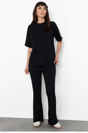 Trendyol Black 100% Cotton Oversize Pattern Spanish Leg Knitted T-shirt/Pants Bottom-Top Set