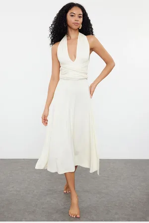 Trendyol Ecru Midi Knitted Tie-Up Beach Dress