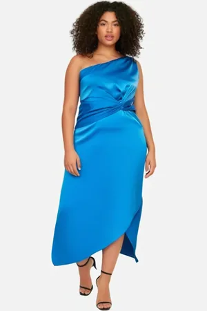 Trendyol Curve Saxe Satin Chic Asymmetrical Single Sleeve Long Woven Dress