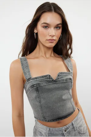 Trendyol Grey Stitch Detail Crop Denim Bustier