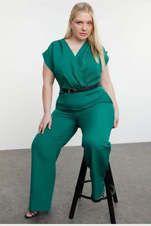 Trendyol Curve Emerald Green Belted Double Breasted Collar Plus Size Woven Jumpsuit