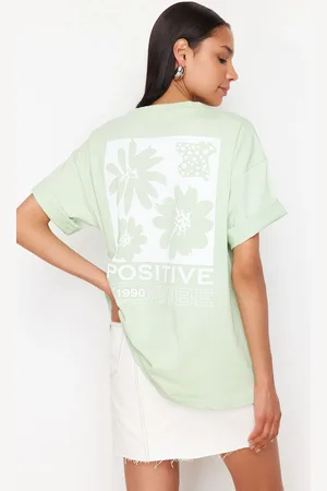 Trendyol Mint Back Printed Oversize/Wide Fit Crew Neck Knitted T-Shirt